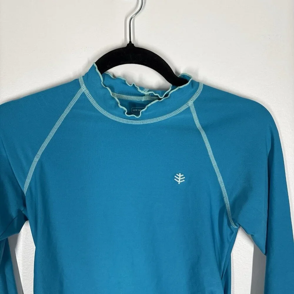Coolibar Girls SZ M Blue Collared UPF 50+ Long Sleeve Rash Guard Shirt